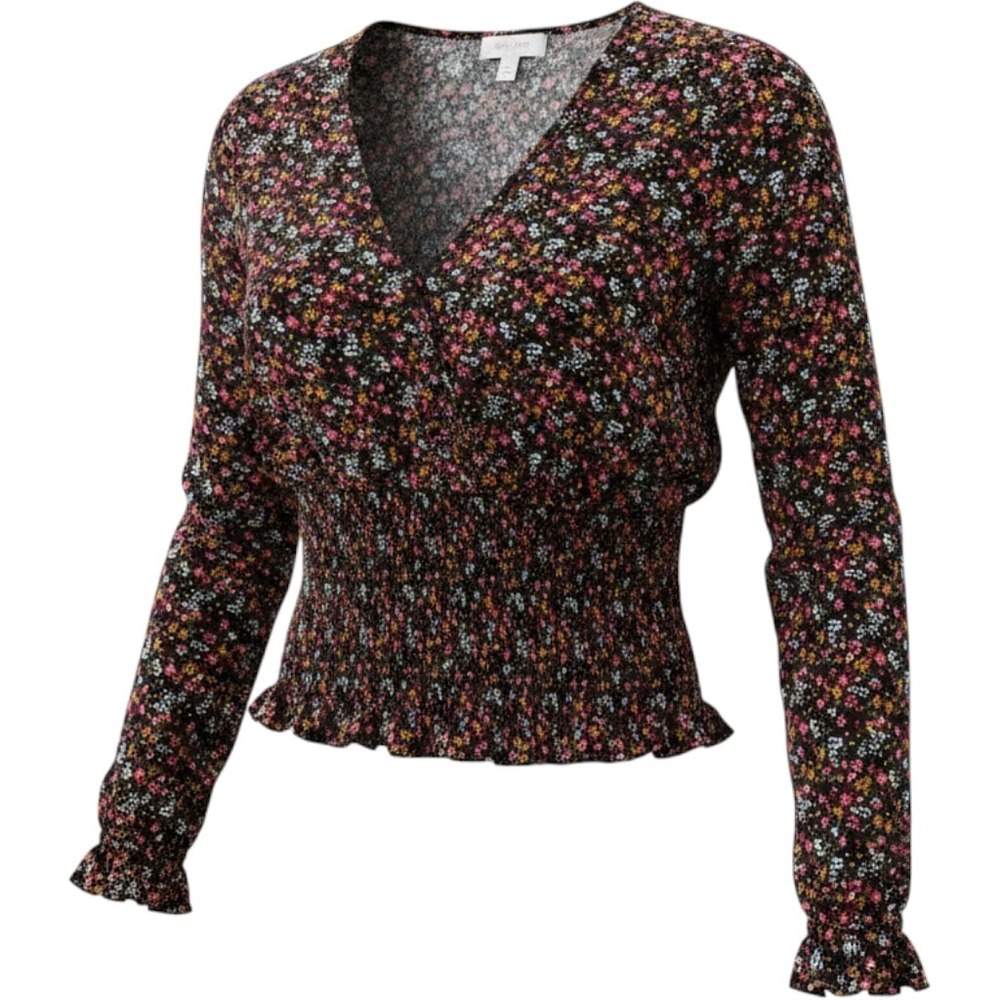Altar'd State Womens Black Ditsy Floral Smocked Waist V-Neck Blouse Medium‎